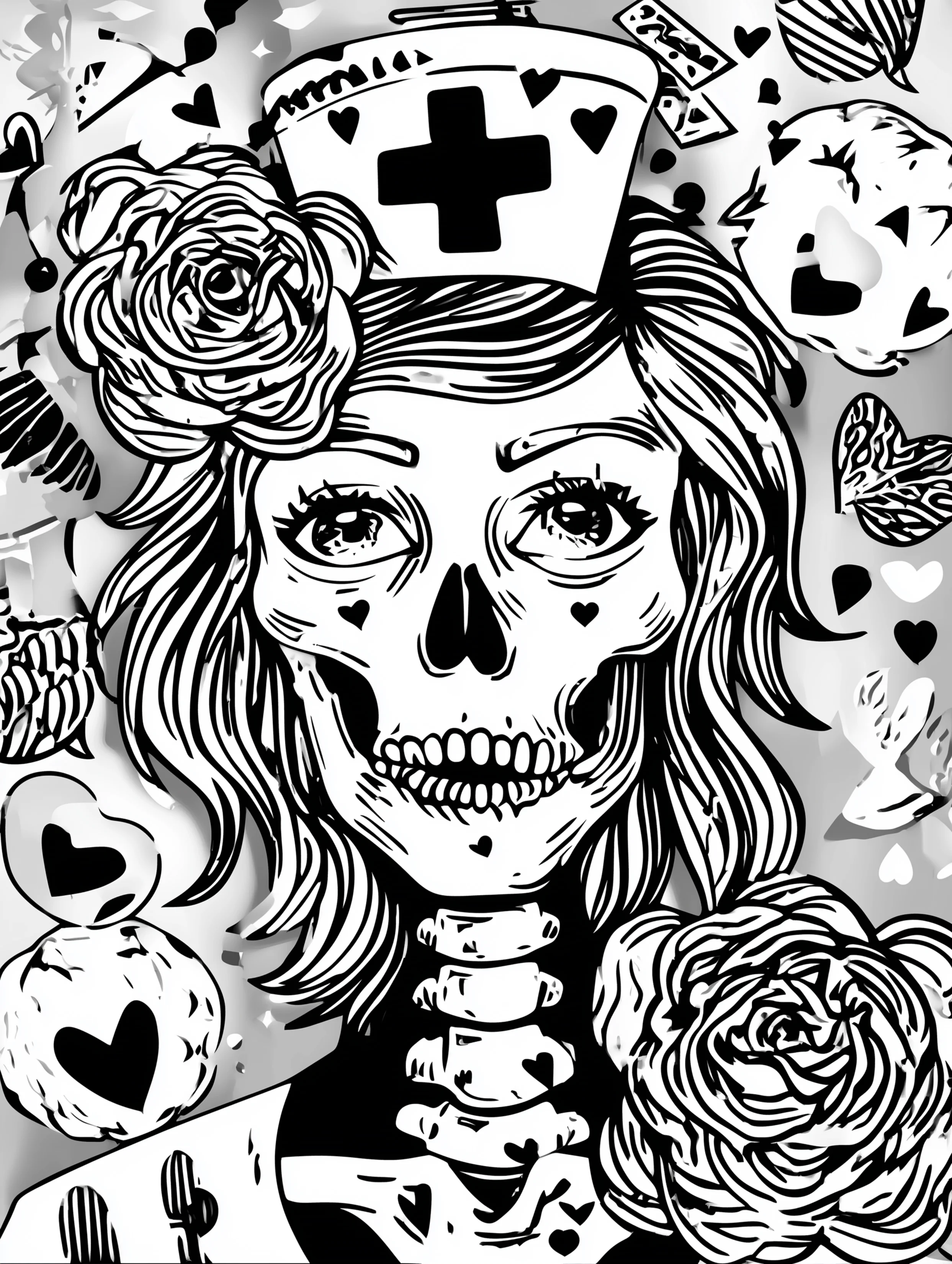 Free printable nursing coloring page for adults featuring an undead nurse